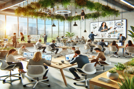 A modern office where people work on computers, hold video conferences and write on a large screen. Hanging plants and large windows create a bright, open environment. 