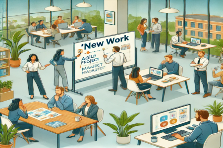  A modern office where people work together, use laptops and whiteboards. Large windows and plants create a bright atmosphere. A central whiteboard displays “New Work” with project terms.